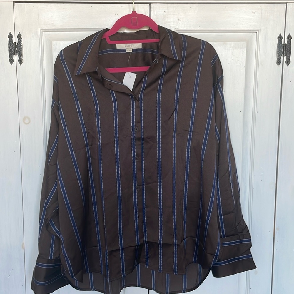 Perfect for fall. Gorgeous brown/navy striped blouse. Brand new with tags. - Picture 2 of 7